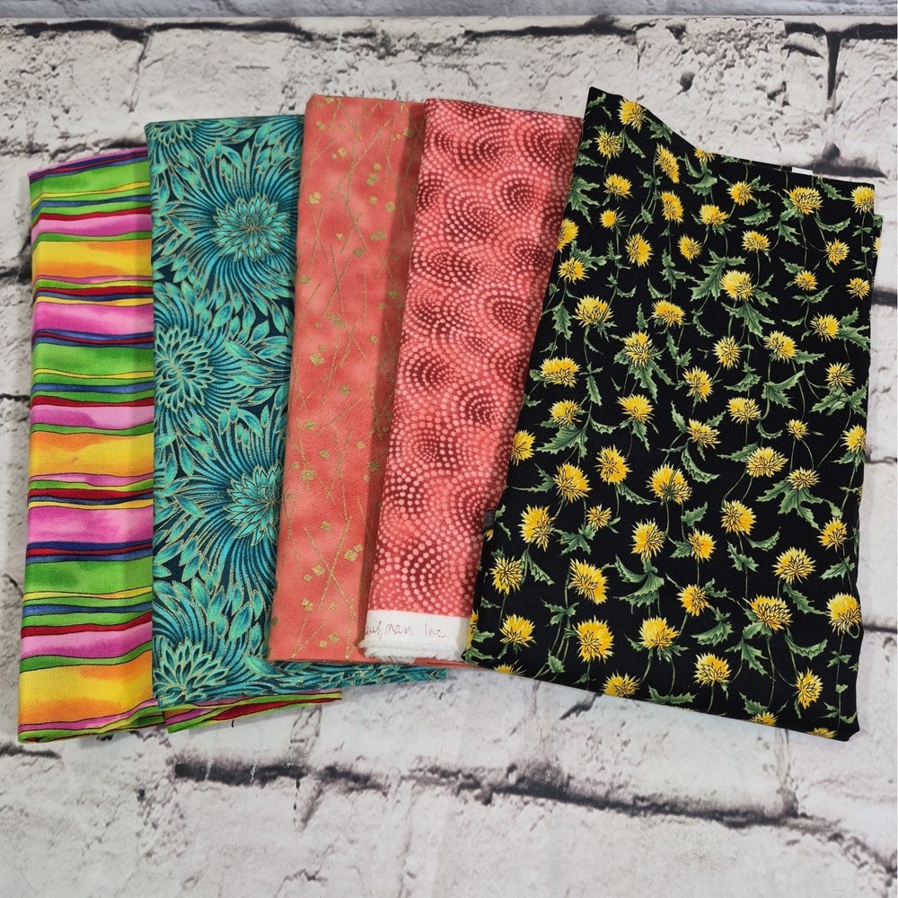 Vintage Fabric Quilting Lot Of 5pcs Rainbow Striped Floral Scallop Sewing Crafts